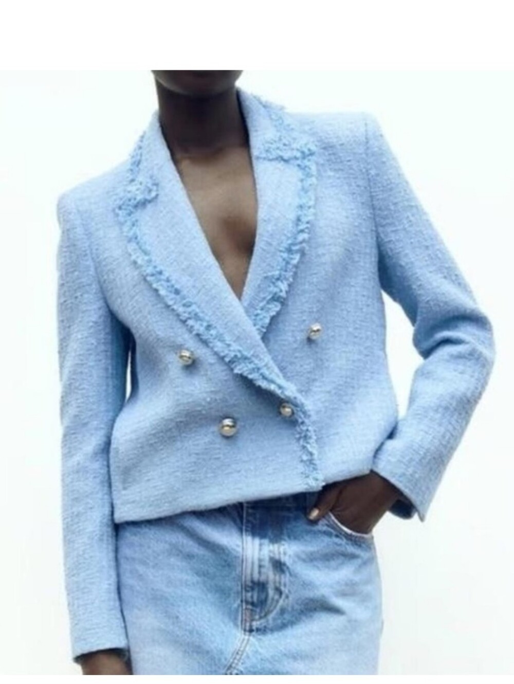 ZARA Light Blue Tweed Frayed Edge Cropped Blazer- Size Medium